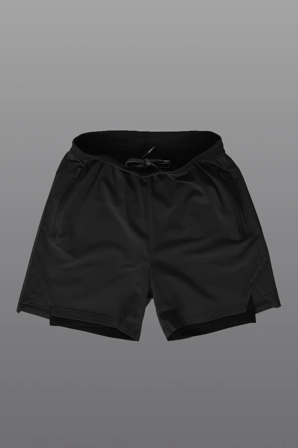 Schwarze Unisex Gym- und Fitness-Shorts mit gefütterter Leggings / Verstecktes Taschen-Detail / Elastischer Strickbund