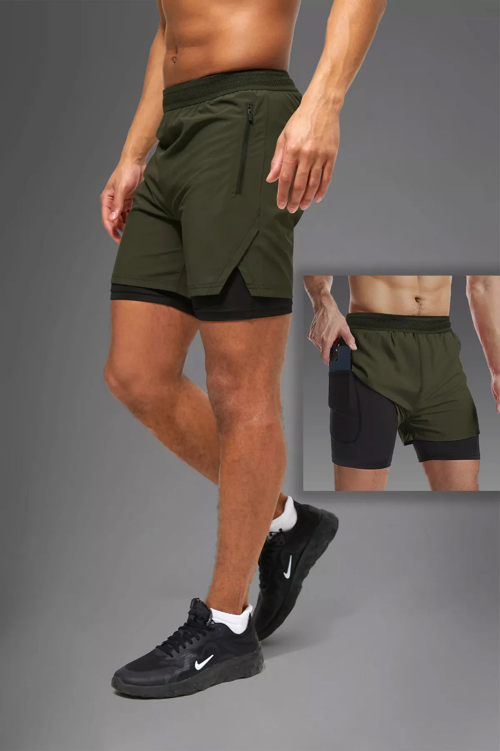 Khaki Unisex Gym- und Fitness-Shorts mit gefütterter Leggings / Verstecktem Taschen-Detail / Elastischem Strickbund