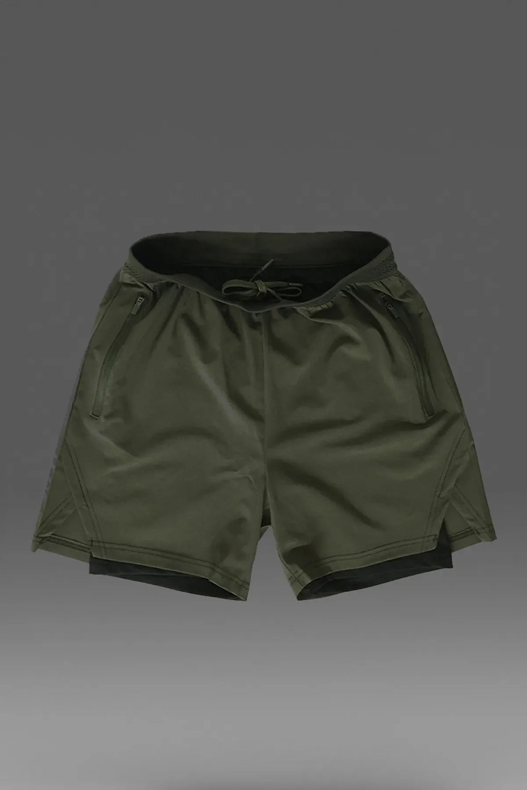 Khaki Unisex Gym- und Fitness-Shorts mit gefütterter Leggings / Verstecktem Taschen-Detail / Elastischem Strickbund