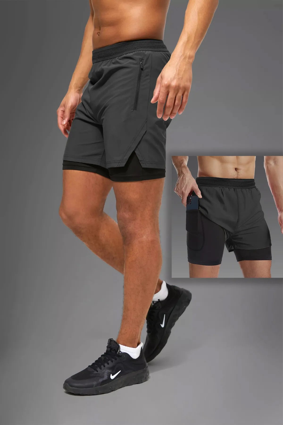 Anthrazit Unisex Gym- und Fitness-Shorts mit gefütterter Leggings / Verstecktem Taschen-Detail / Elastischem Strickbund