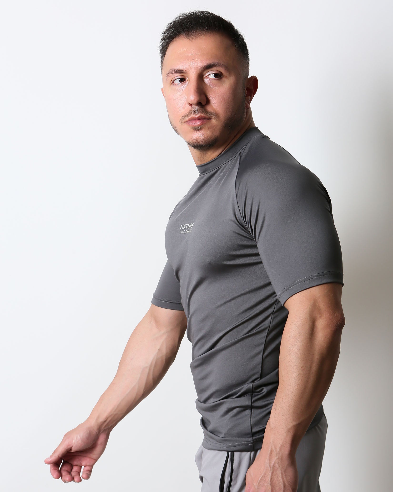 Active Muscle Fit Reglan Sleeve Performance T-Shirt Charcoal