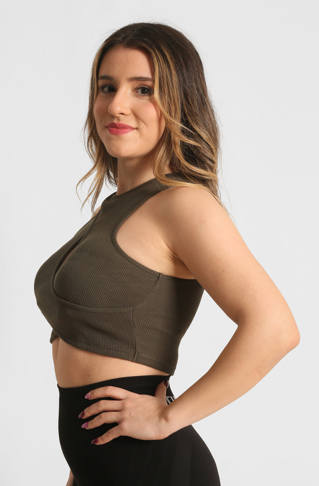 NTB Cleavage Ribbed Top in Khaki