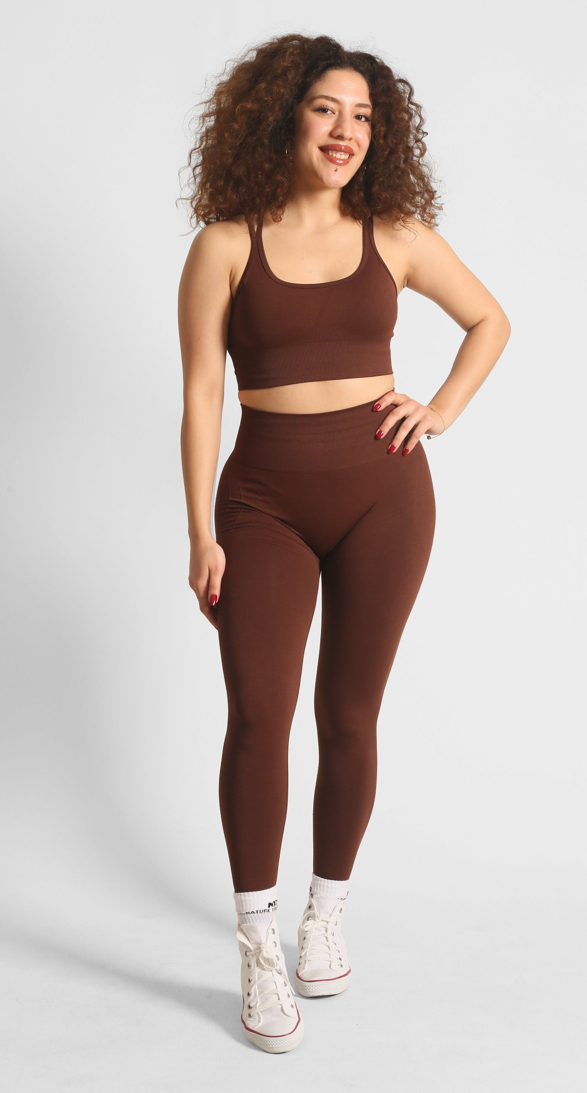 High Waist Seamless und geraffte Hüftformende Sportleggings in Braun