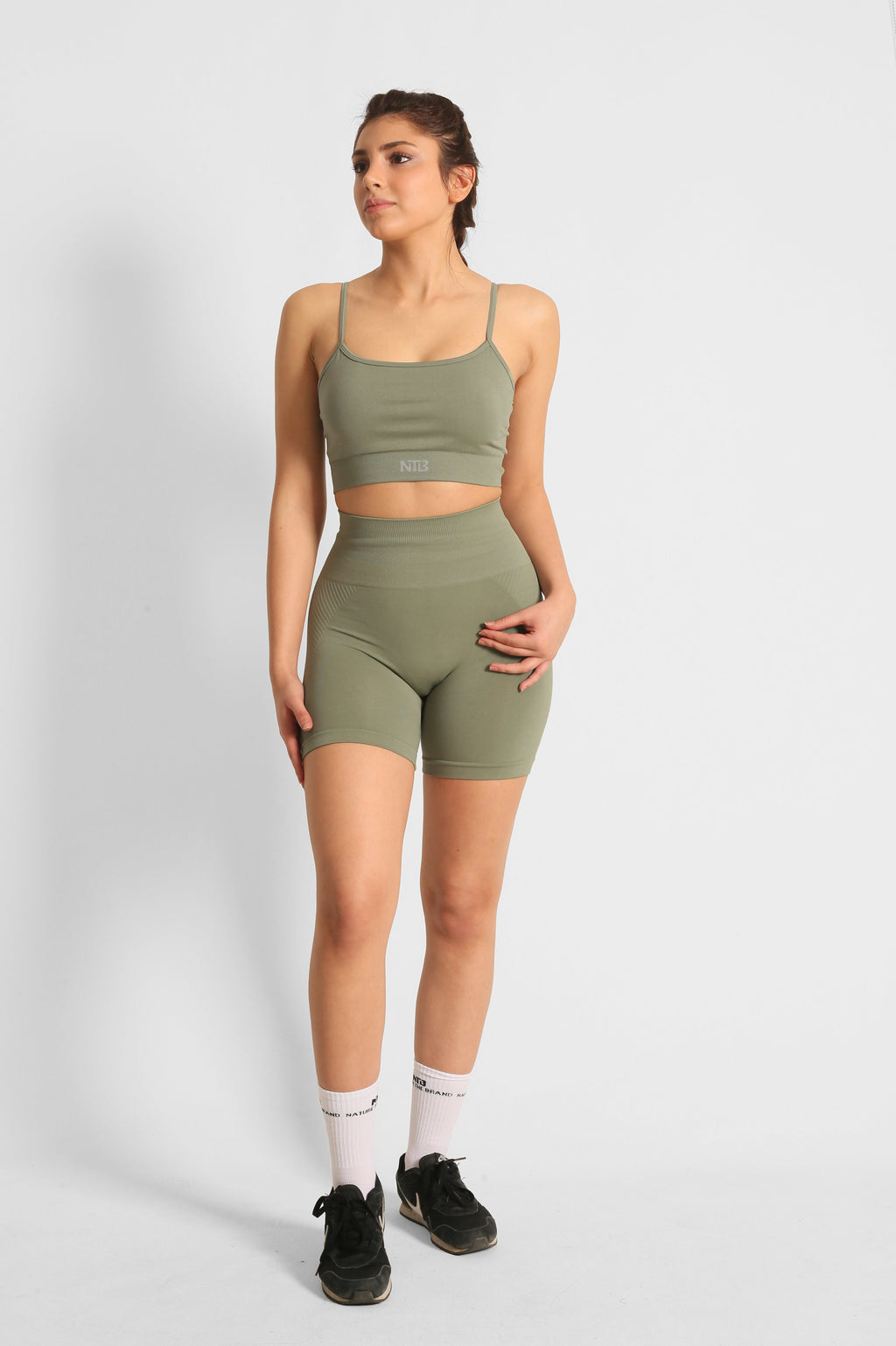 Hohe Taille Push-Up Sportshorts mit Raffung in Khaki