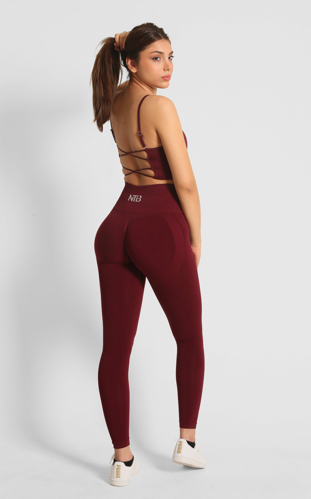 High Waist Seamless und geraffte Hüftformende Sportleggings in dunklem Kirschrot