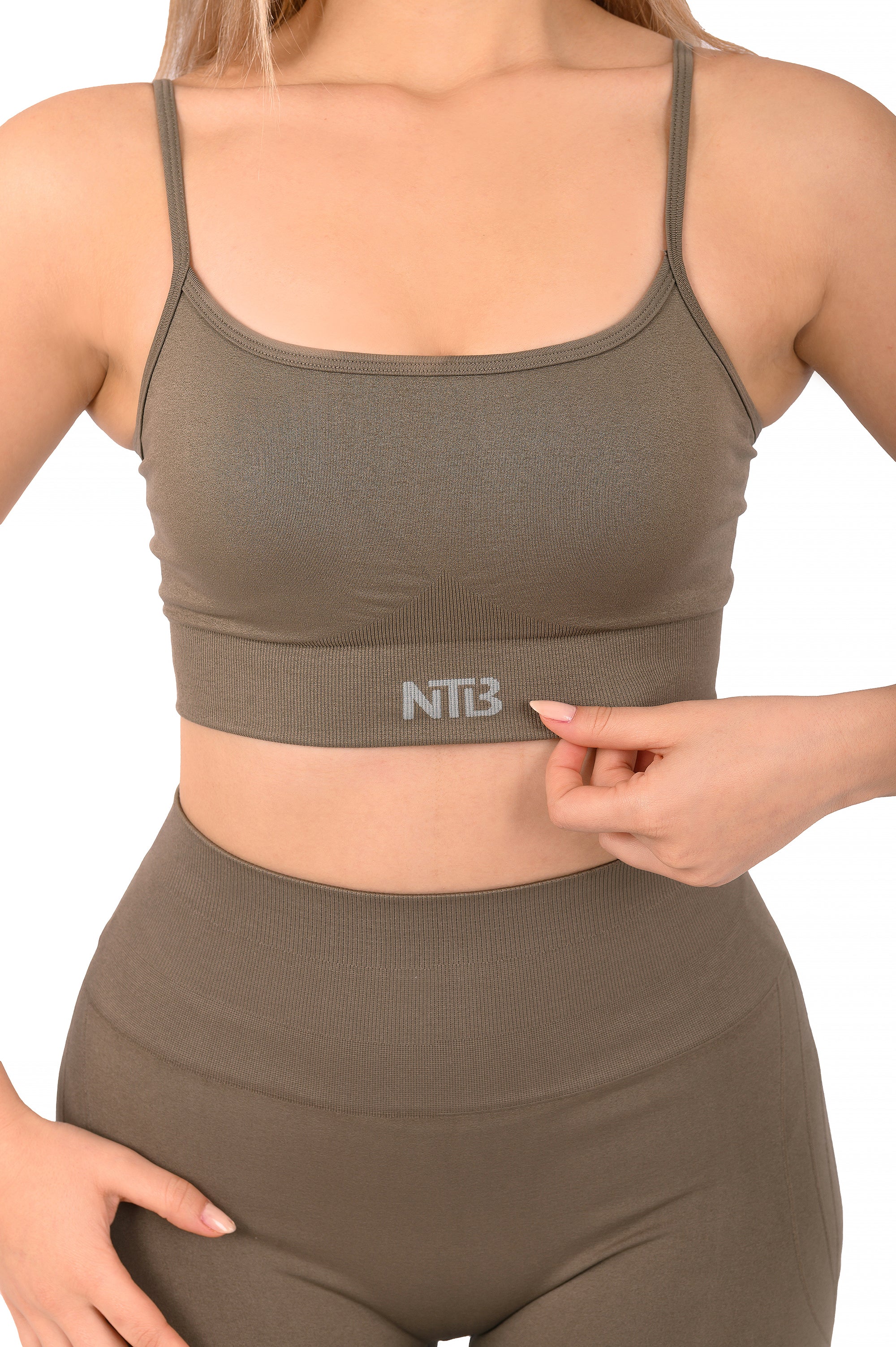 Nahtloser Damen Sport-BH mit Rückenausschnitt in Taupe