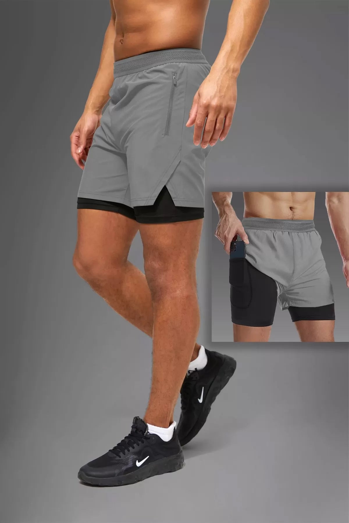 Graue Unisex Gym- und Fitness-Shorts mit gefütterter Leggings / Verstecktem Taschen-Detail / Elastischem Strickbund