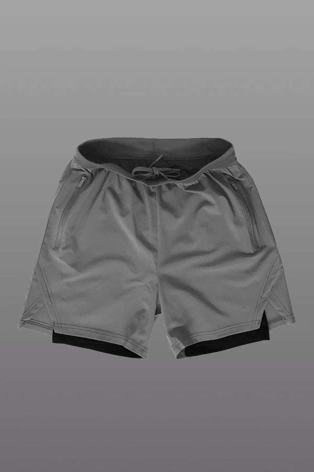 Graue Unisex Gym- und Fitness-Shorts mit gefütterter Leggings / Verstecktem Taschen-Detail / Elastischem Strickbund