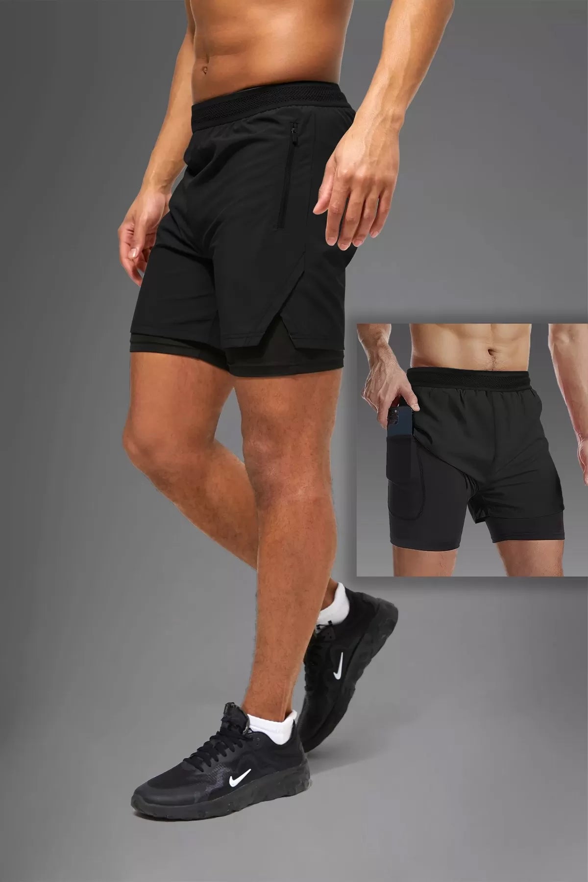 Schwarze Unisex Gym- und Fitness-Shorts mit gefütterter Leggings / Verstecktes Taschen-Detail / Elastischer Strickbund